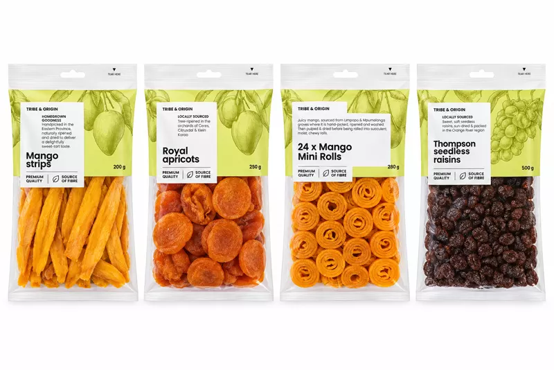 White label example: four pouches of dried mango, apricots, mango rolls and raisins